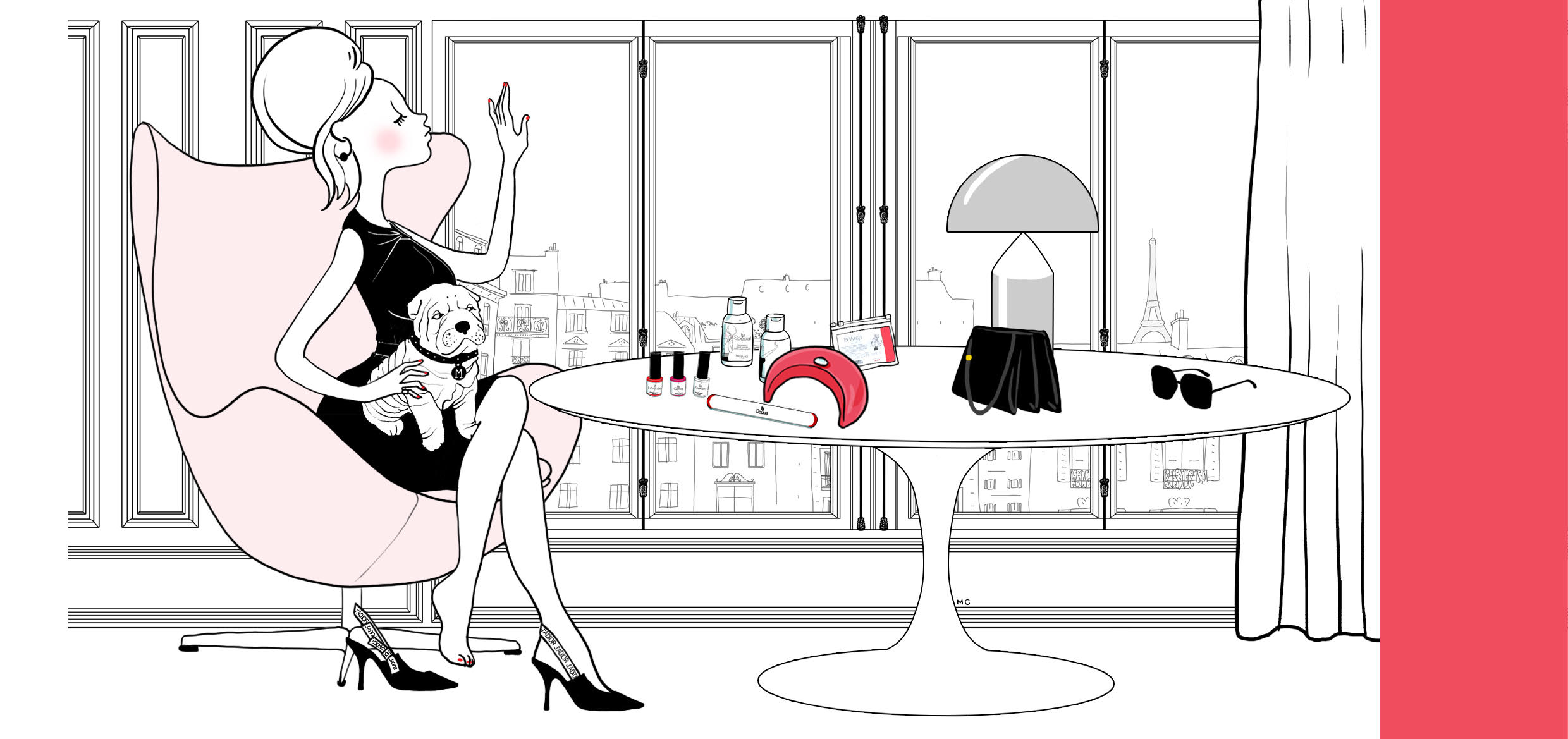 home-marinho-paris-min illustration marinho paris avec produits manucure : vernis semi-permanent, lampes leds, dissolvant et lotion. pin-up avec bouledogue français. appartement haussmanien vue sur la tour eiffel