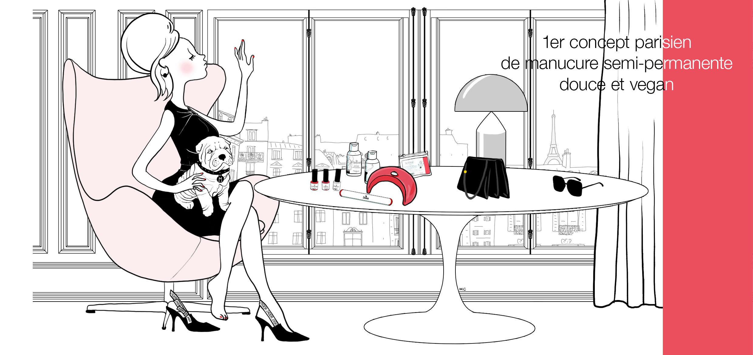 home-marinho-paris-min illustration marinho paris avec produits manucure : vernis semi-permanent, lampes leds, dissolvant et lotion. pin-up avec bouledogue français. appartement haussmanien vue sur la tour eiffel